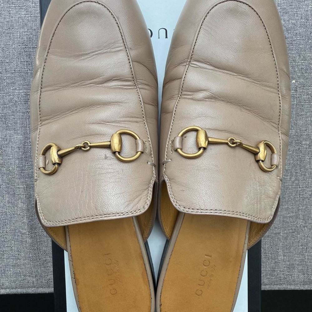 Gucci Tan Leather Mules with Gold Hardware